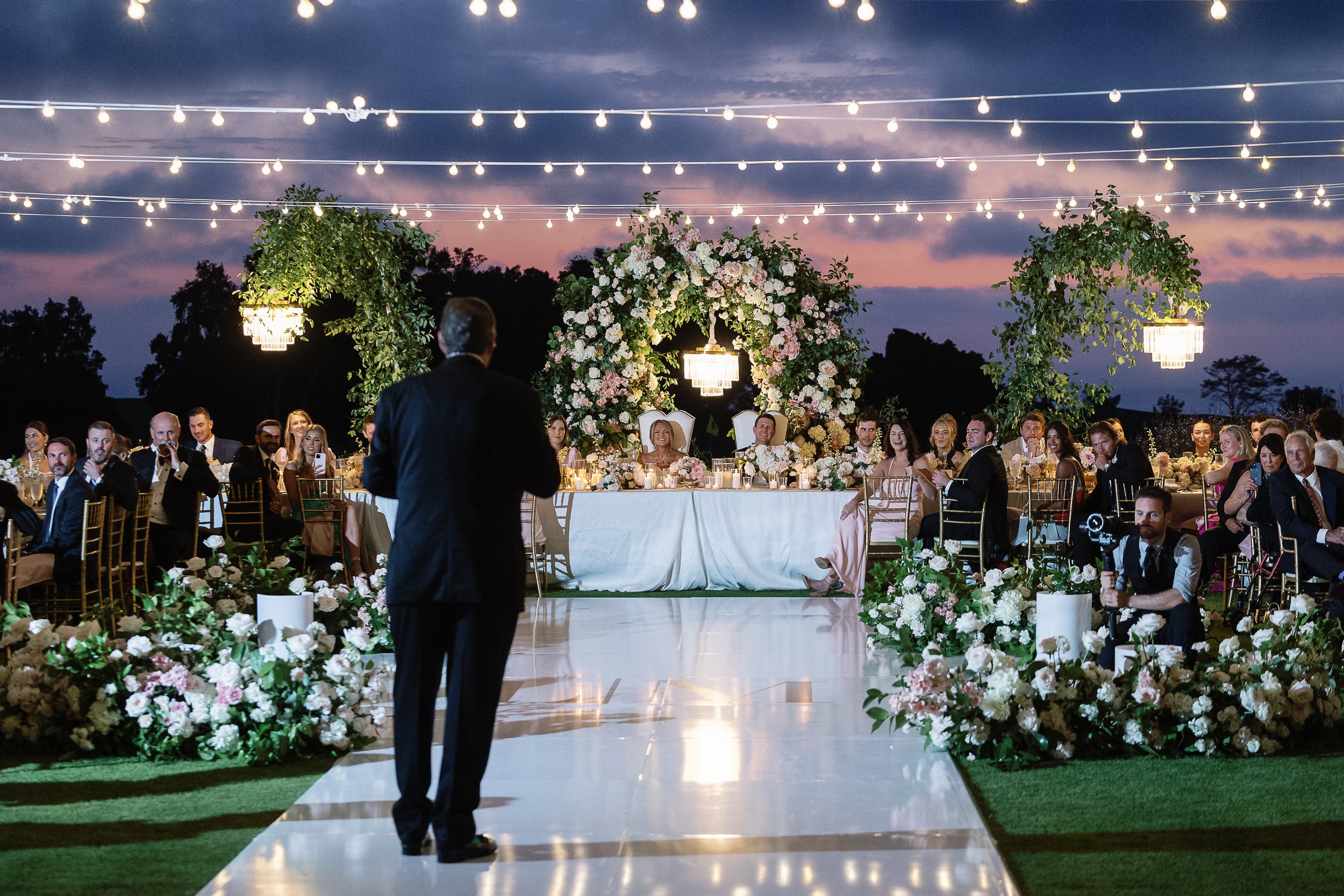 White market light strands at sunset ocean view venue