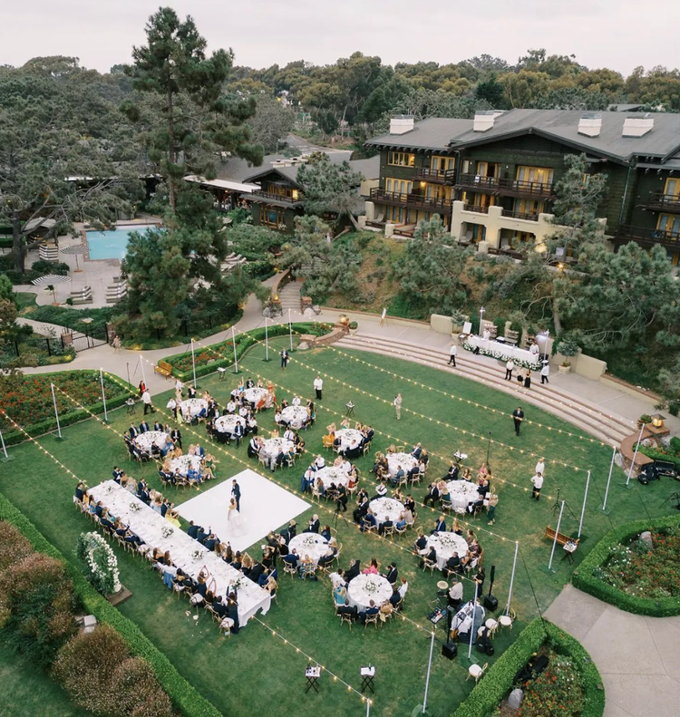 Aerial view of a cafe-lit lawn reception at The Lodge at Torrey Pines wedding