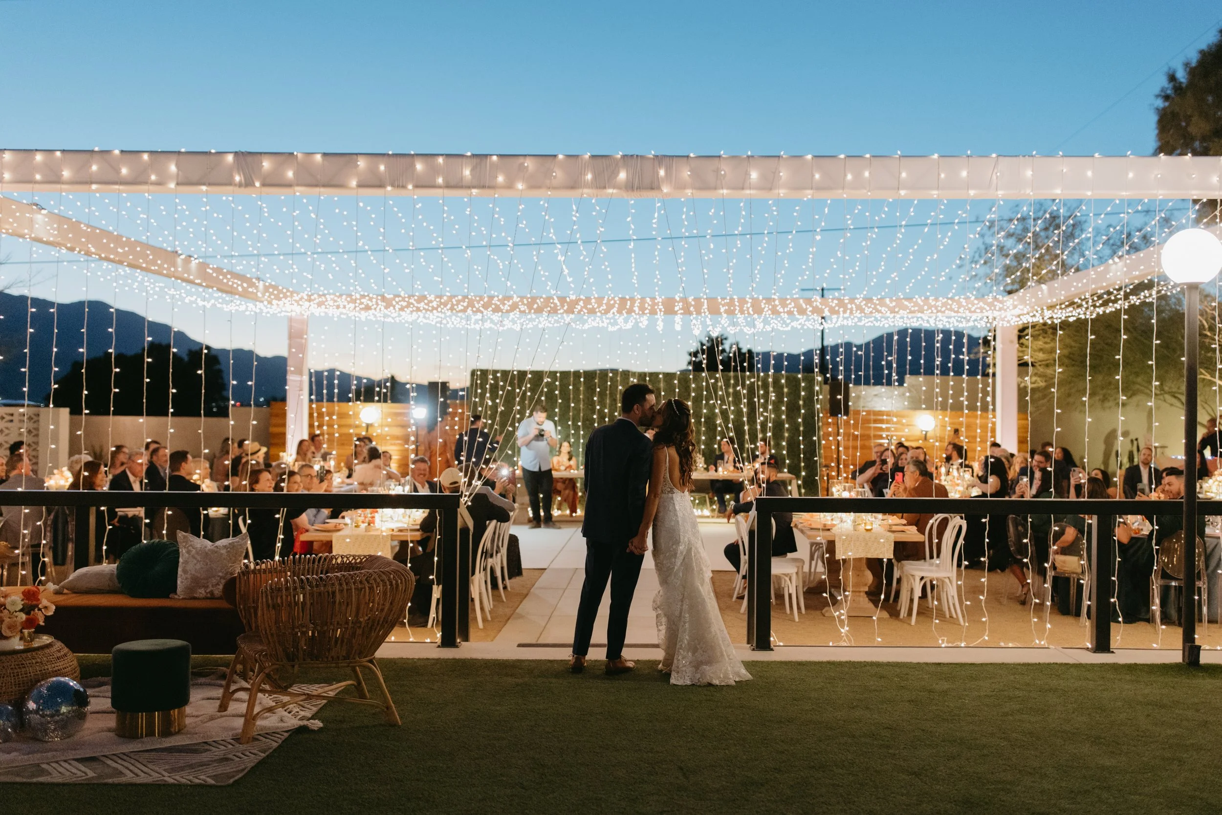 Twinkle light canopy over wedding reception