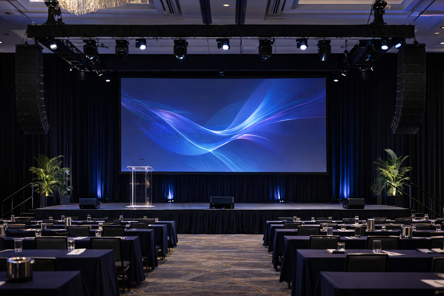 Corporate event stage setup with truss and LED wall