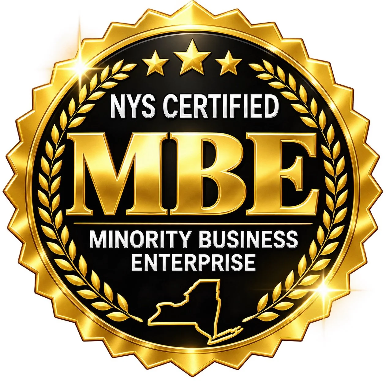 NYS Certified MBE — Minority Business Enterprise gold certificate badge