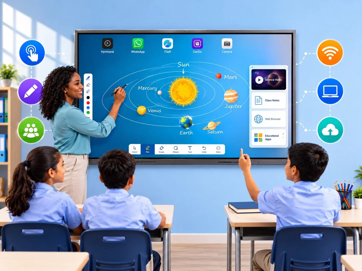 Teacher presenting a solar system lesson on an interactive classroom display with students
