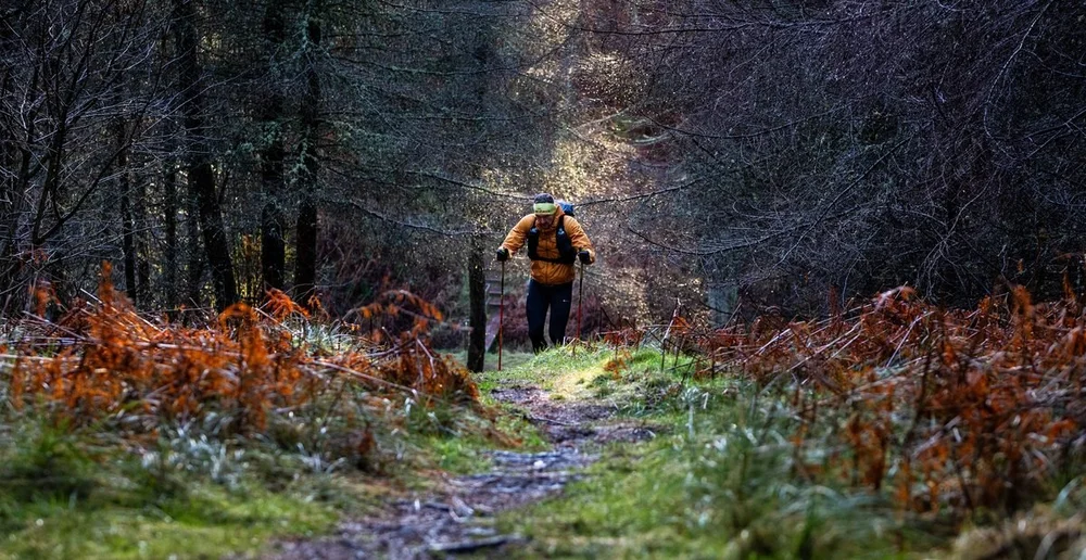 An ultrarunner with poles coming through winter woodland on the Spine Race