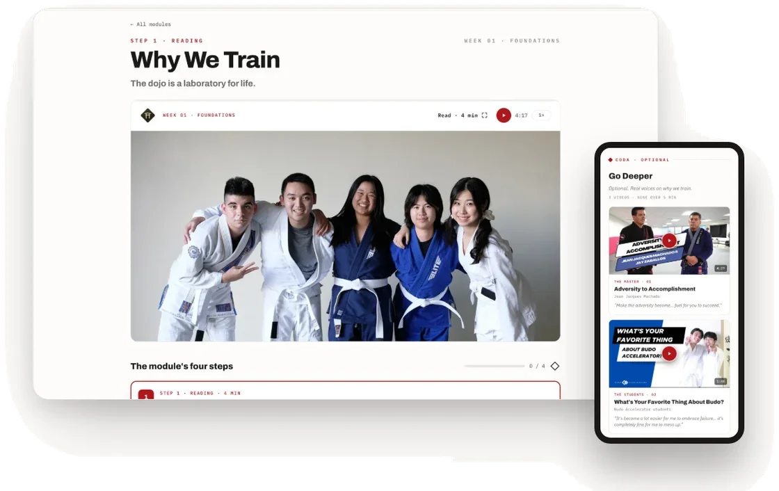 A Budo Scholar module shown on a laptop and a phone: the Why We Train reading with its audio player and a photo of five students, beside the Go Deeper films that accompany it