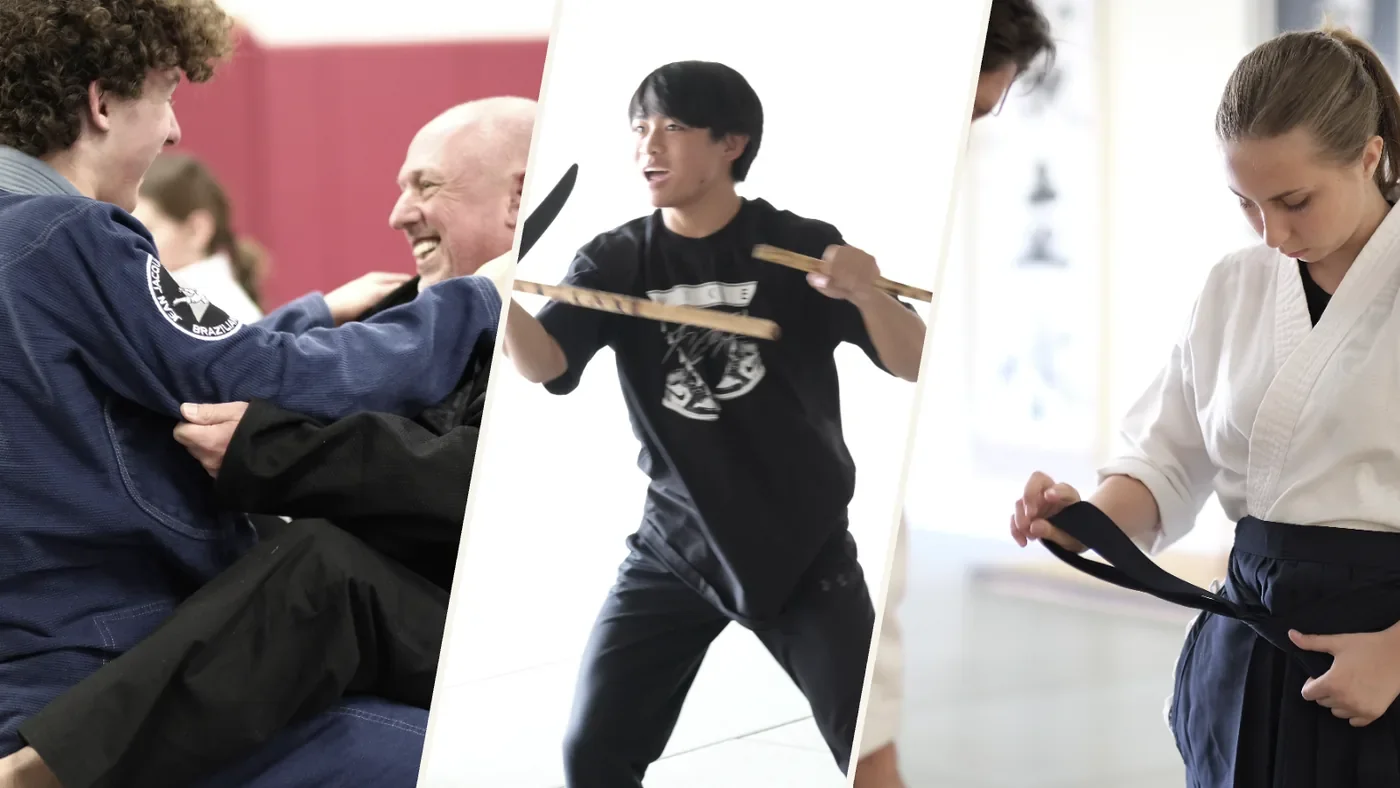 A three-way split: Brazilian jiu-jitsu, Kali, and Aikido students training at their own schools — the program layers onto any martial art