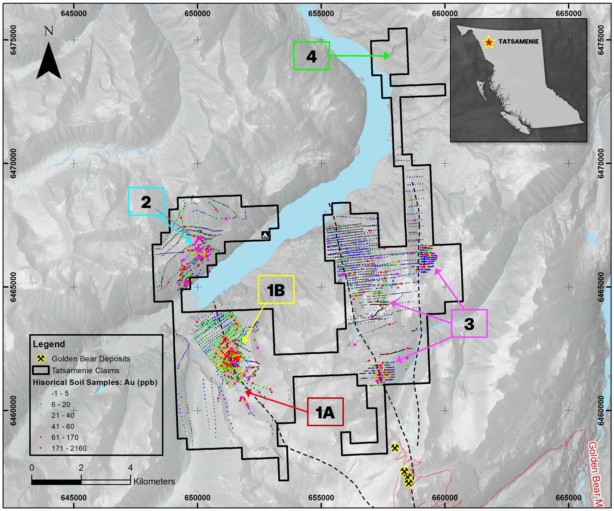 Tatsamenie map showing historical Au soil samples and exploration targets.