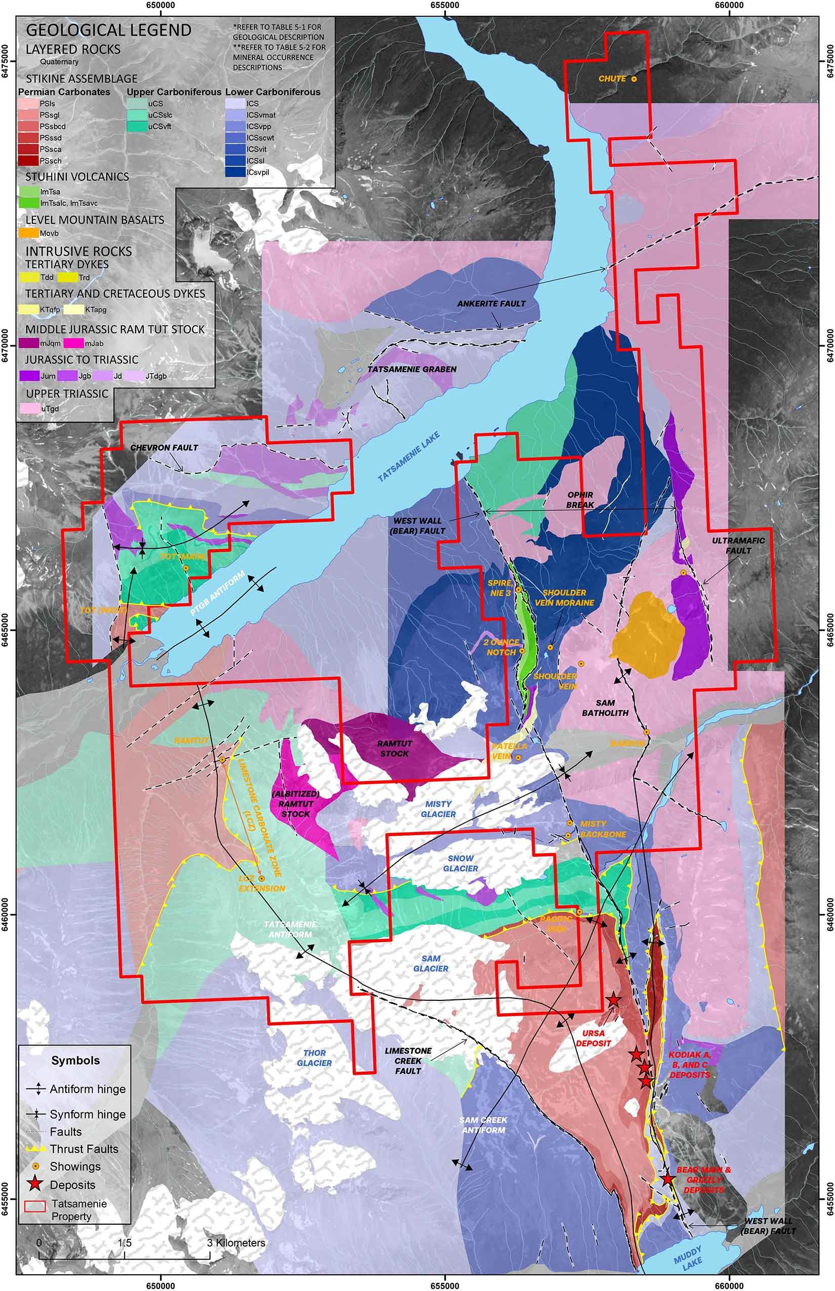 Geological map of Tatsamenie Lake area showing rock formations and mineral deposits.