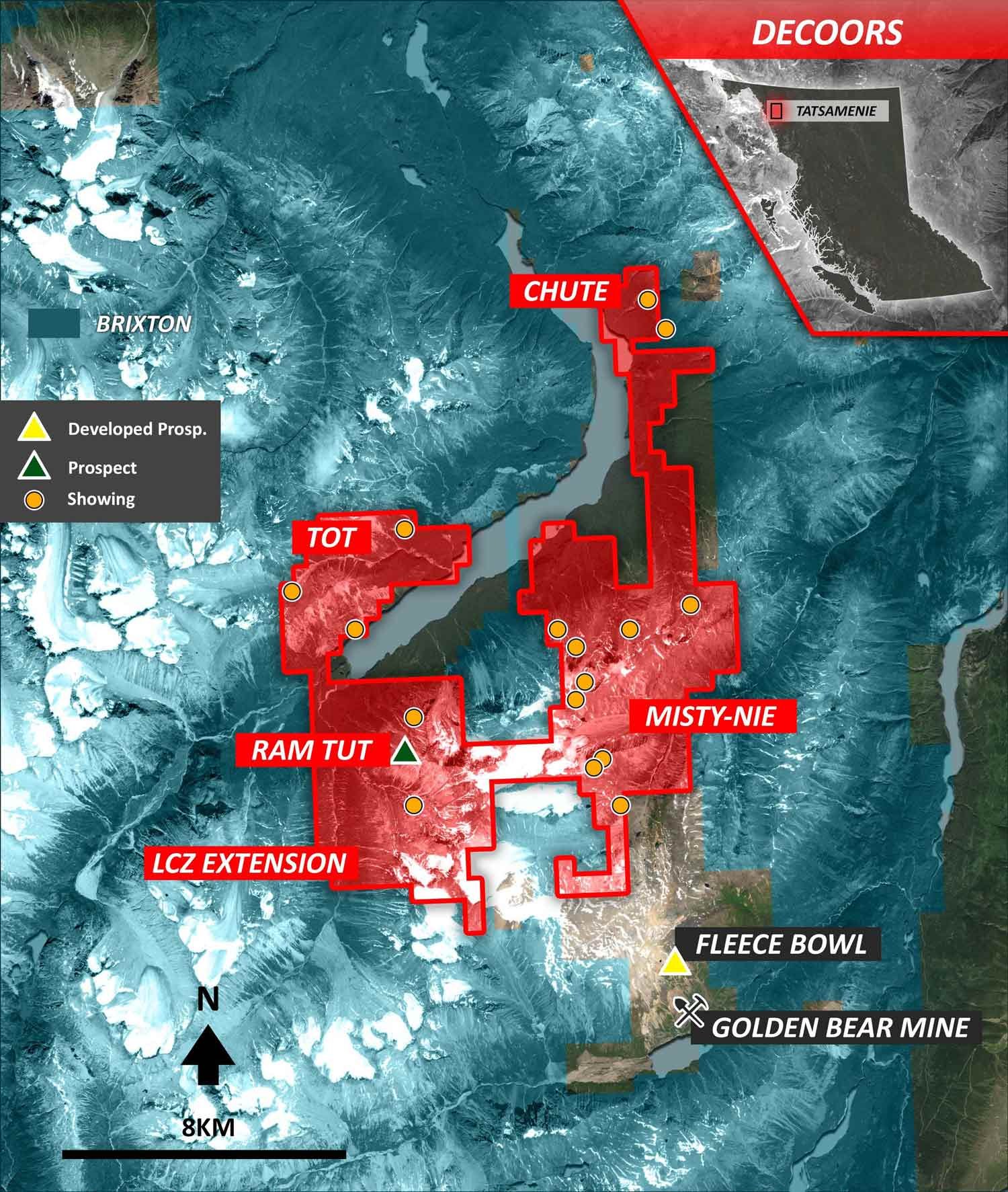 Map of Tatsamenie Property showing mineralized showings and claims overlaid on satellite imagery.