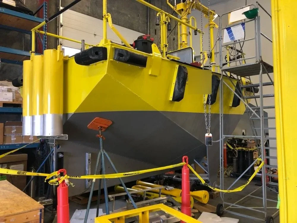 Offshore wind measurement buoy in the shop before Pacific deployment