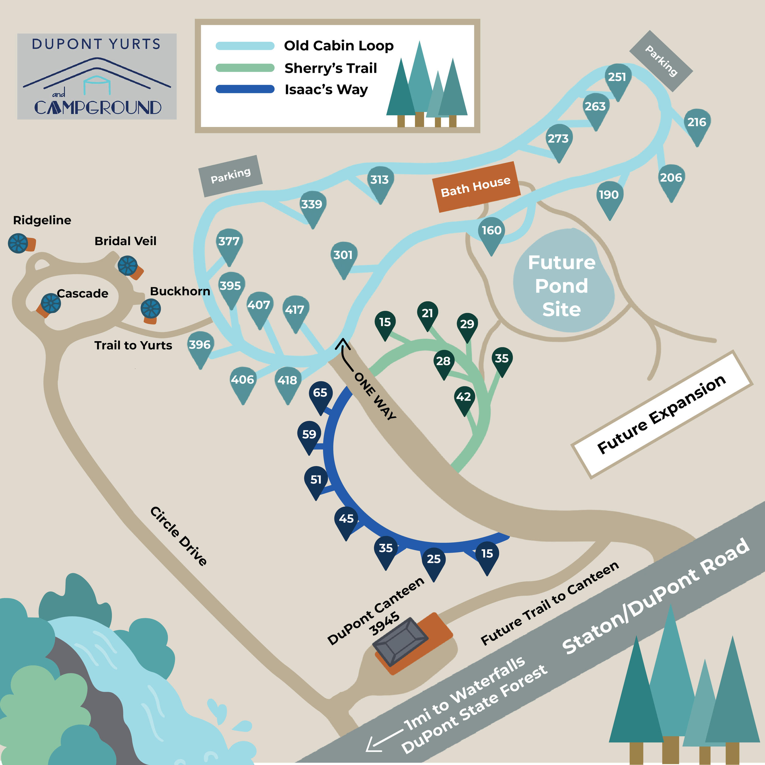 Property map of DuPont Yurts campground showing Old Cabin Loop, Sherry's Trail, bathhouse, and Canteen