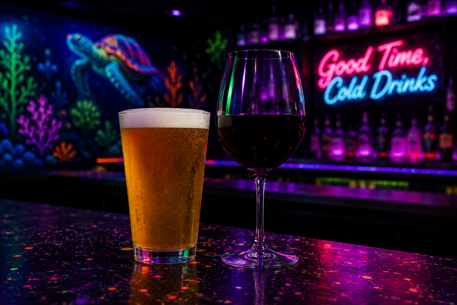 Beer and wine on the bar at Shankz Golf & Arcades