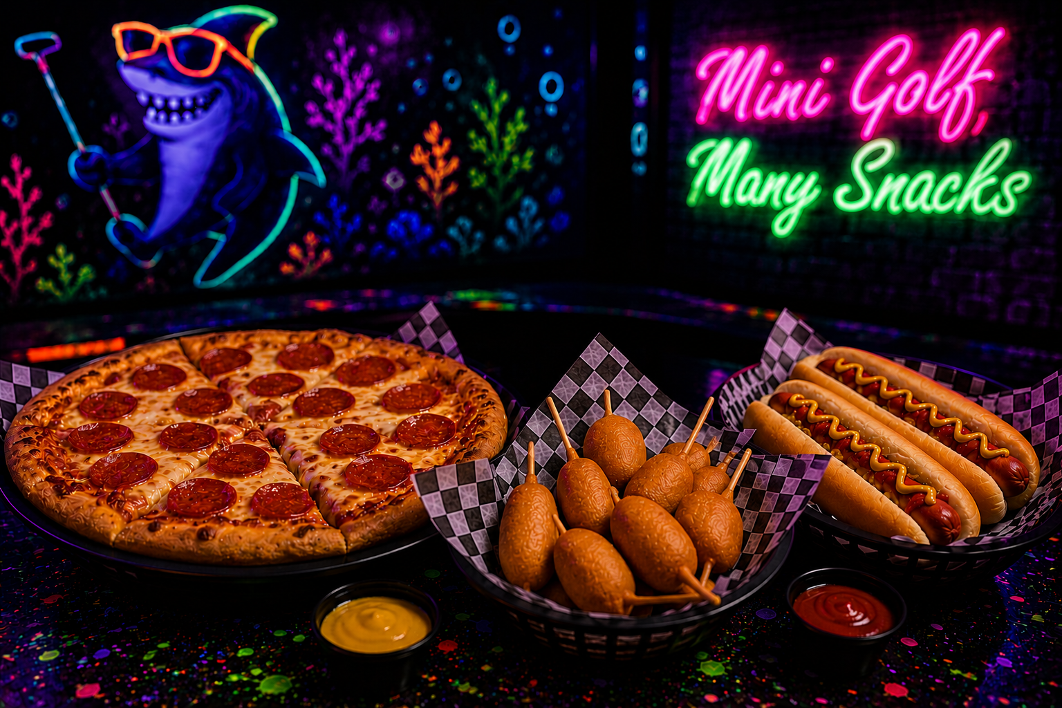 Nachos, corn dogs, and popcorn snacks at Shankz Golf & Arcades