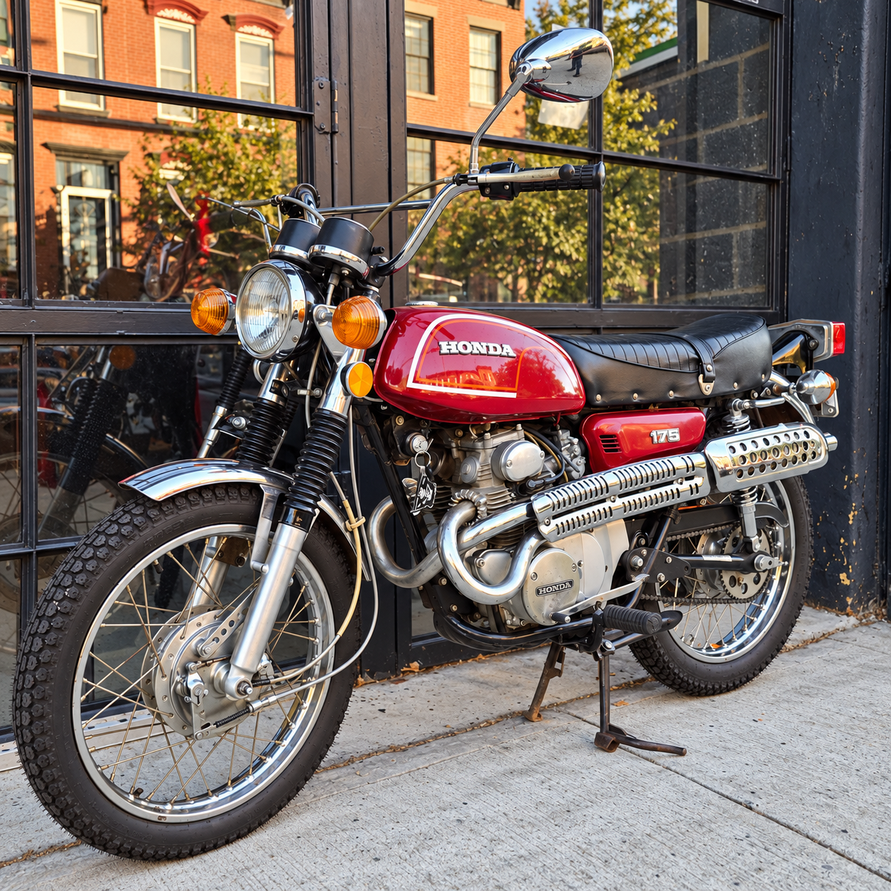 Red vintage Honda 175 with chrome high-mounted exhausts outside the Brooklyn workshop