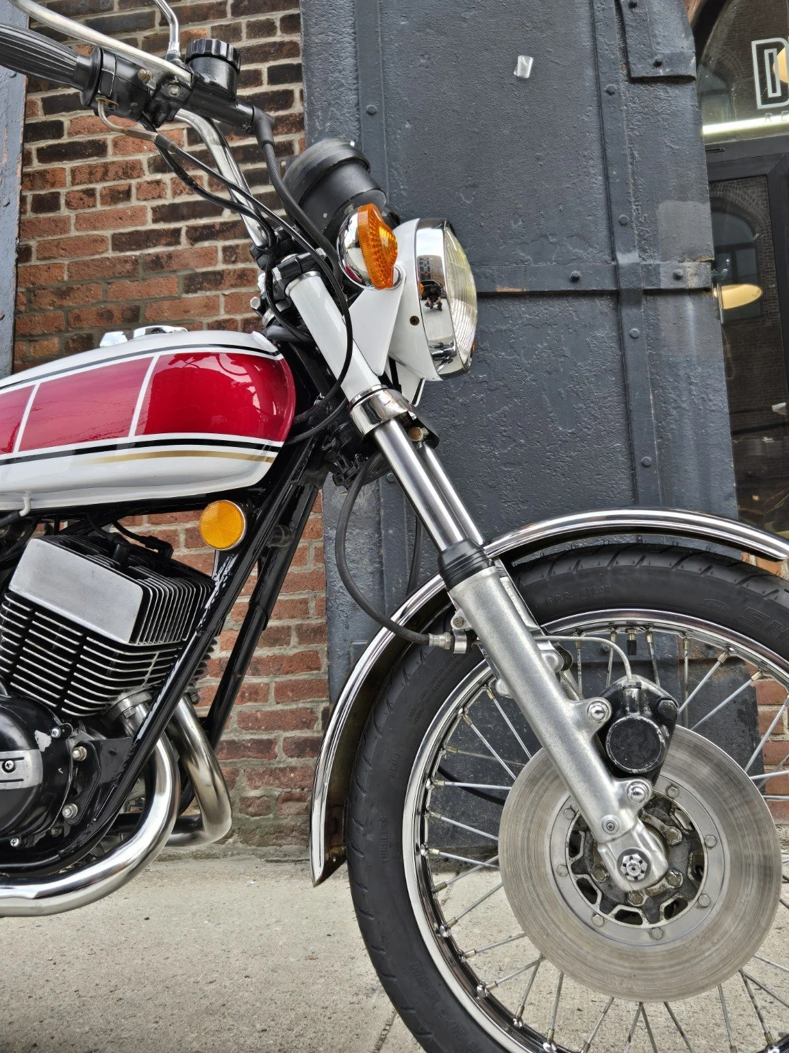 Yamaha RD350 tank, engine fins, fork and front brake detail