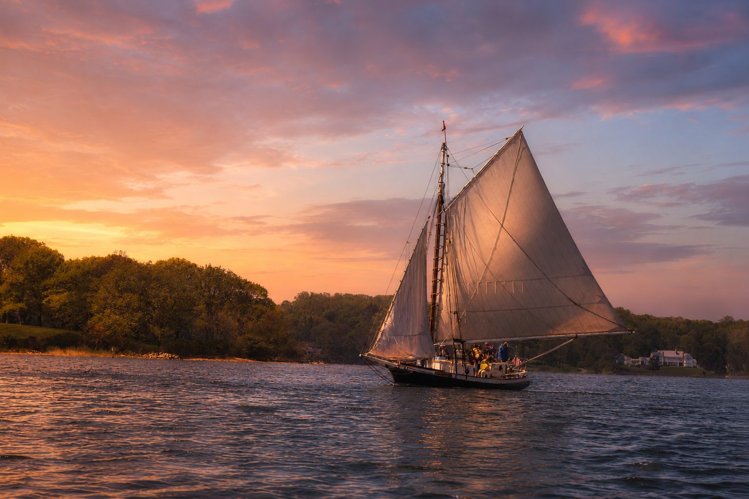 CHRISTEEN sailing on Oyster Bay Harbor at sunset