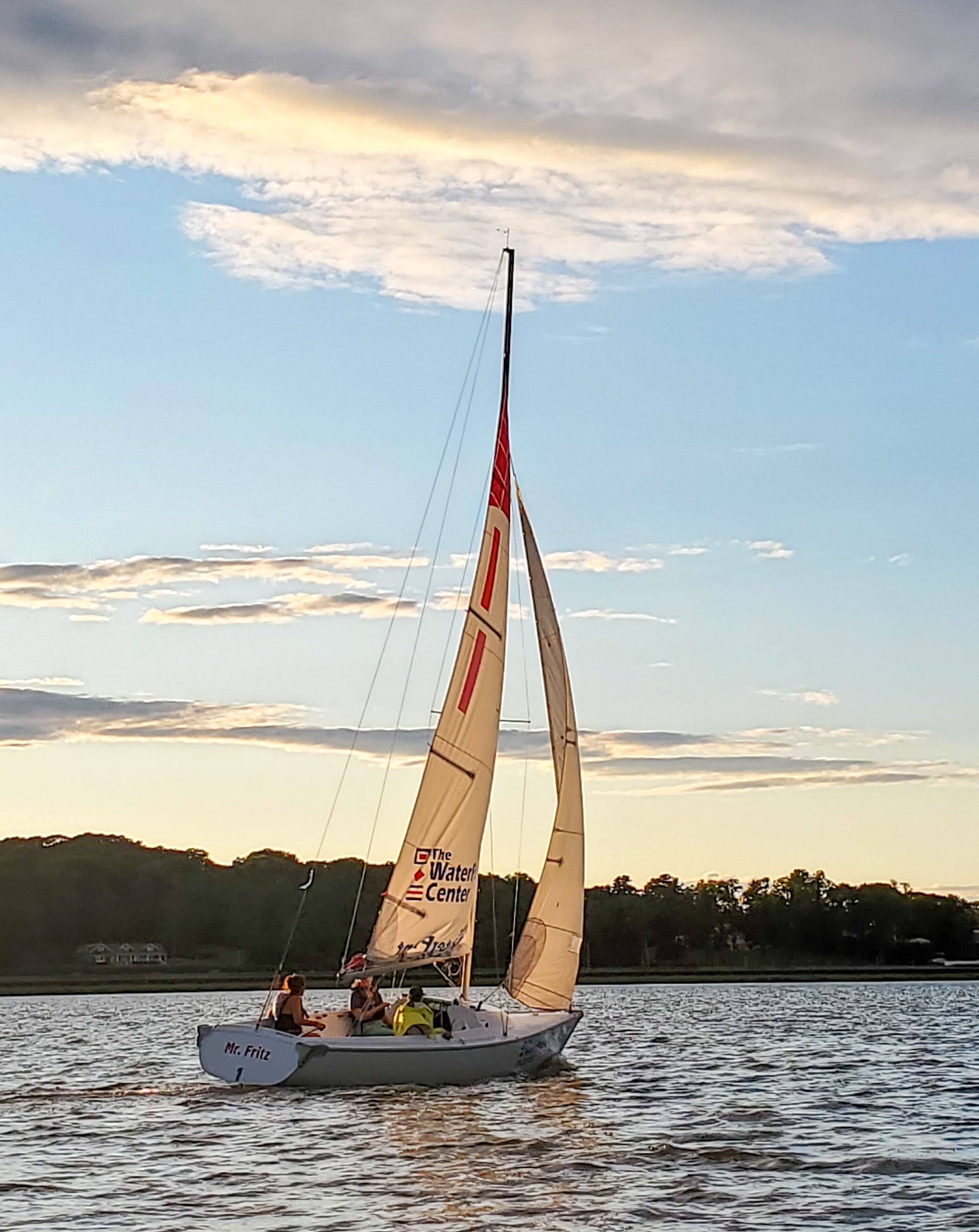 Sonar keelboat sailing on Oyster Bay Harbor
