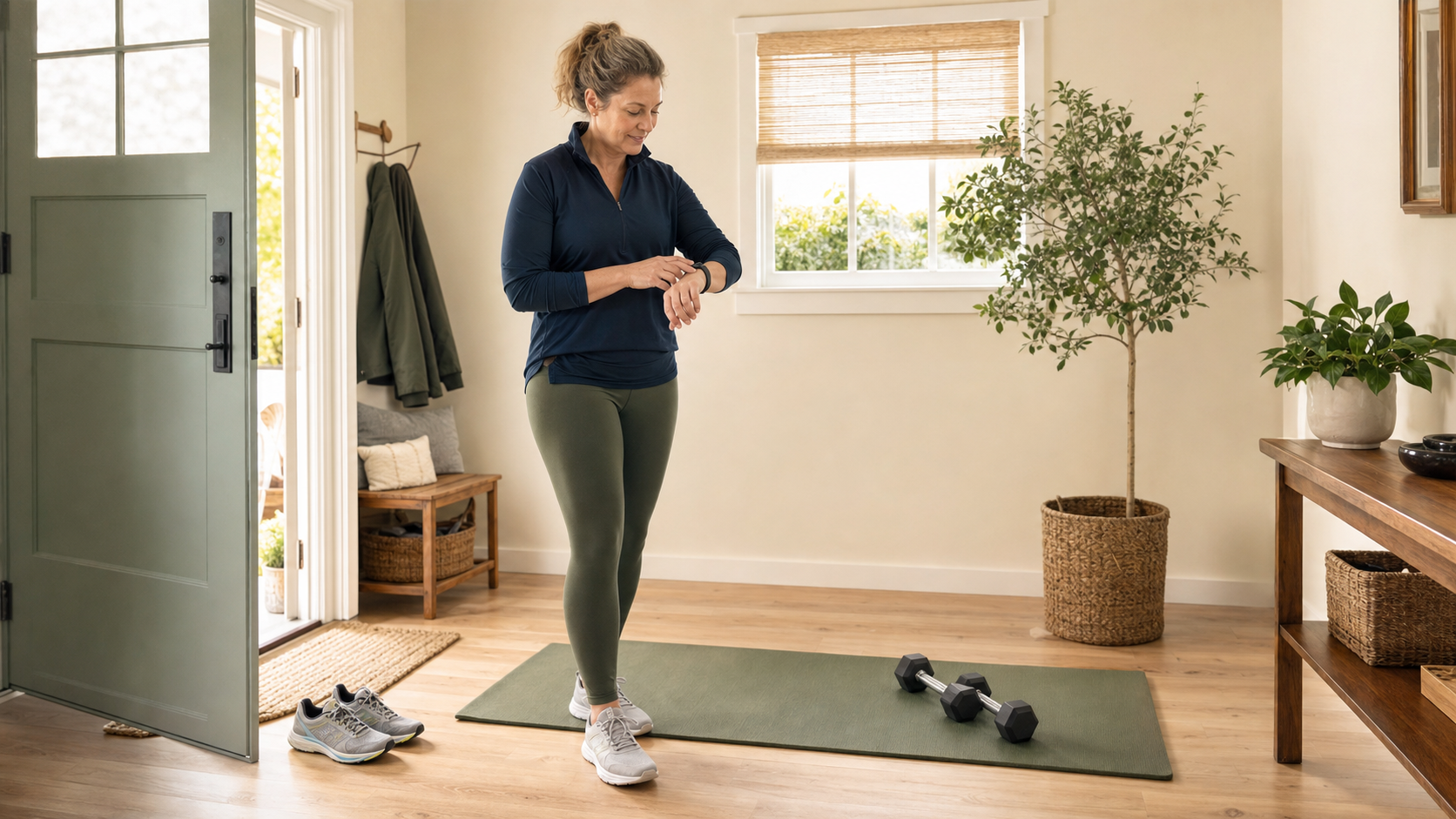Woman returning from a walk and preparing for a short strength workout at home