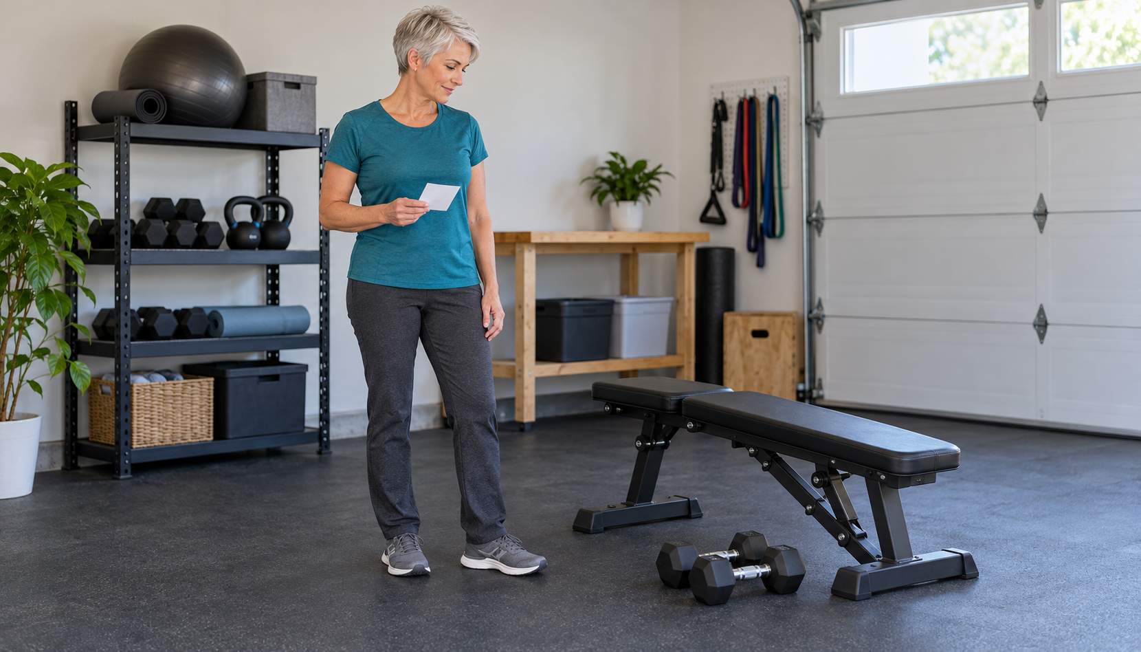 A person reviews a workout card beside a bench and dumbbells in a tidy garage exercise space.