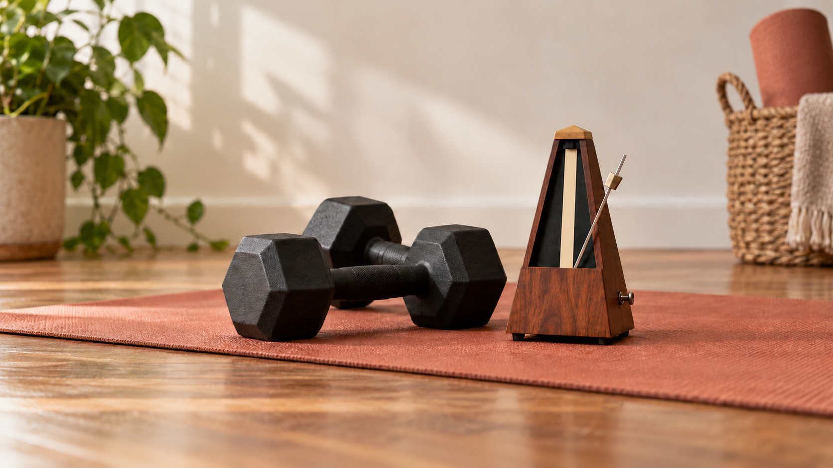 Two charcoal dumbbells beside a wooden metronome on a terracotta exercise mat.