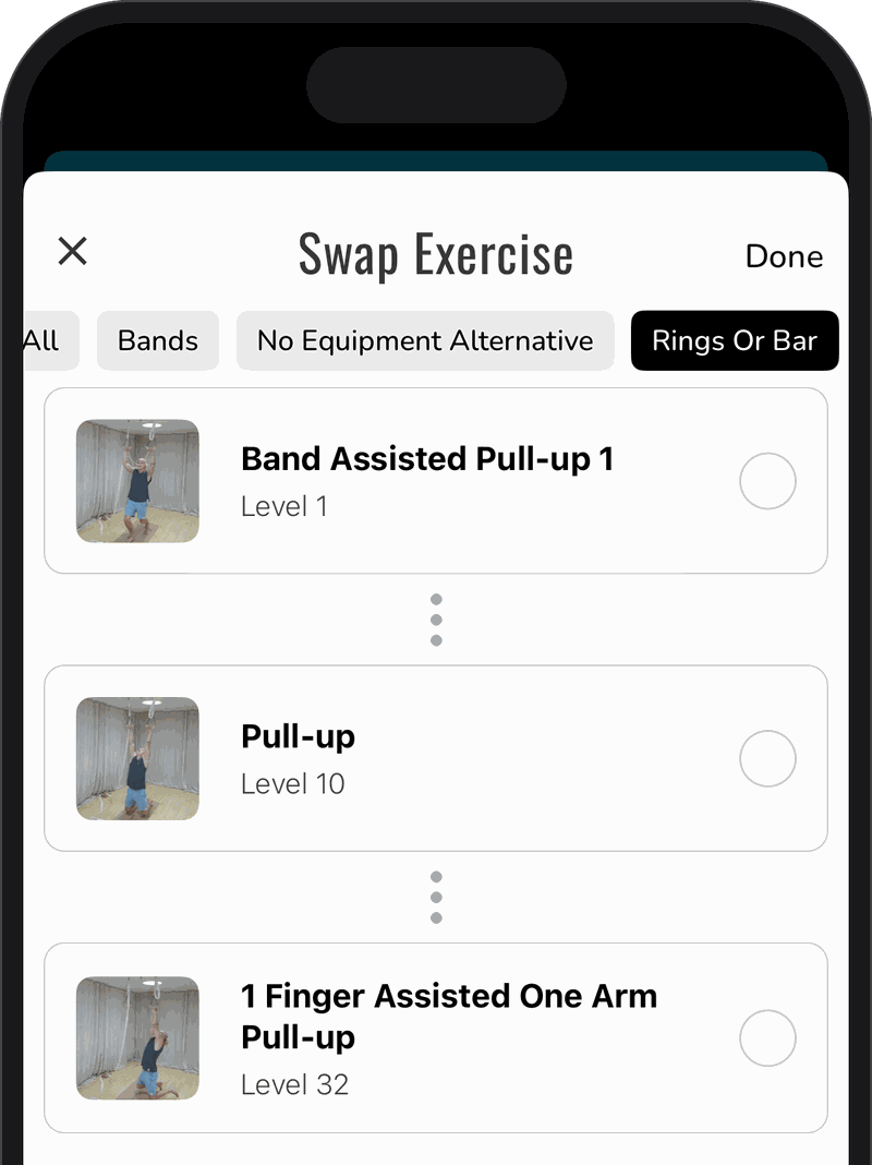 App exercise swap screen: band assisted pull-up level 1, pull-up, one finger assisted one arm pull-up level 32