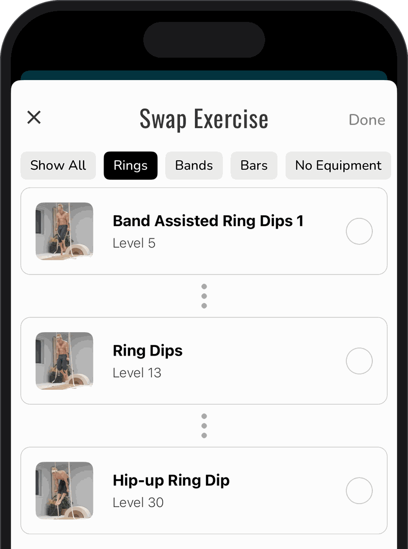 App exercise swap screen: band assisted ring dips level 5, ring dips level 13, hip-up ring dip level 30