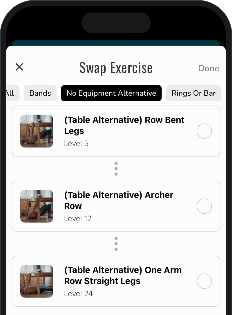 App exercise swap screen: table row bent legs level 5, table archer row level 12, table one arm row straight legs level 24