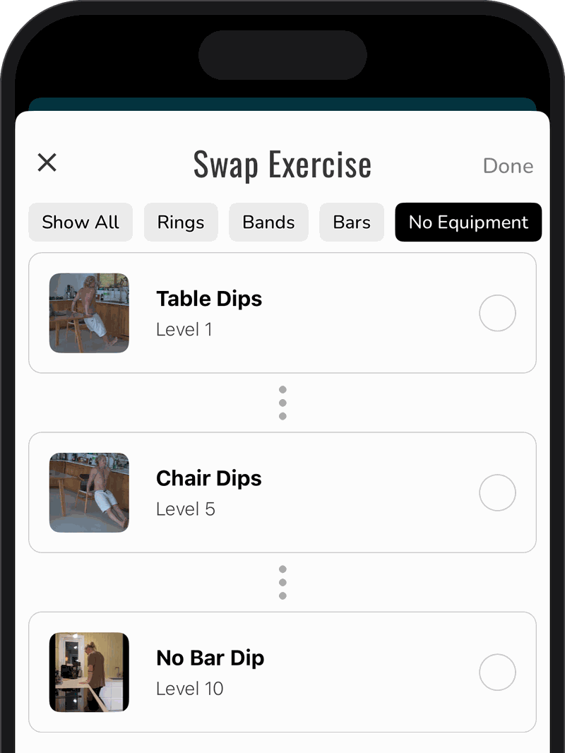 App exercise swap screen: table dips level 1, chair dips level 5, no bar dip level 10