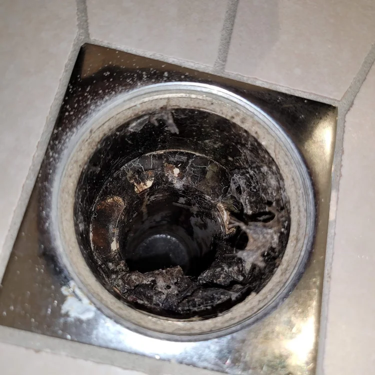 Floor waste clogged with debris inside the outlet