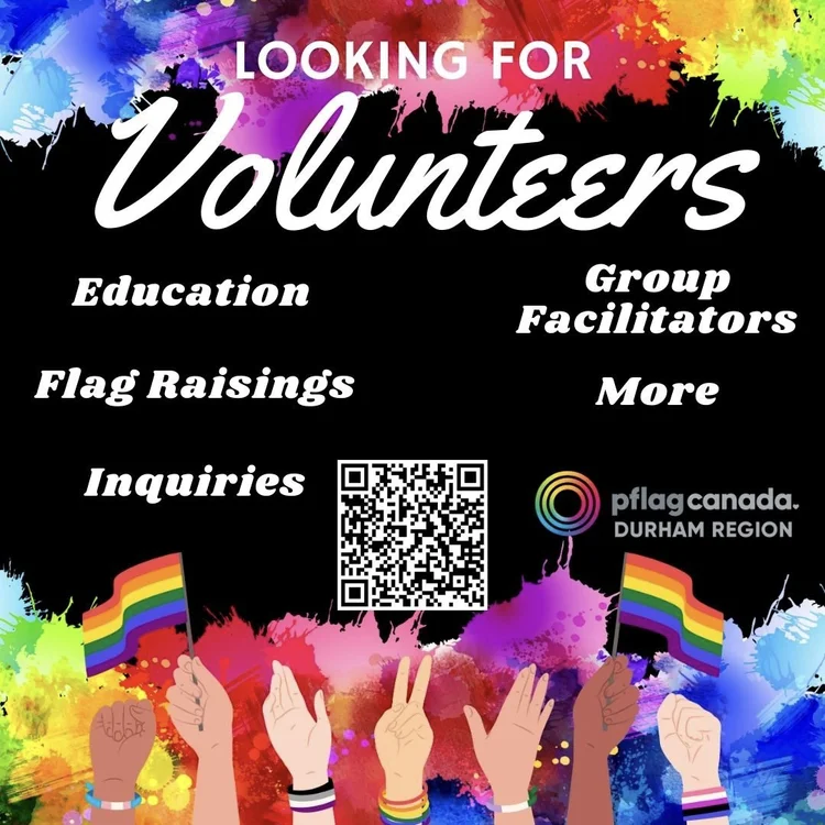 Cartoon hands holding Pride flags and wearing various Pride-coloured wrist bands framed by rainbow colored paint splotches. Text - Looking for volunteers: Education, Flag raisings, Inquiries, Group facilitators, more.
