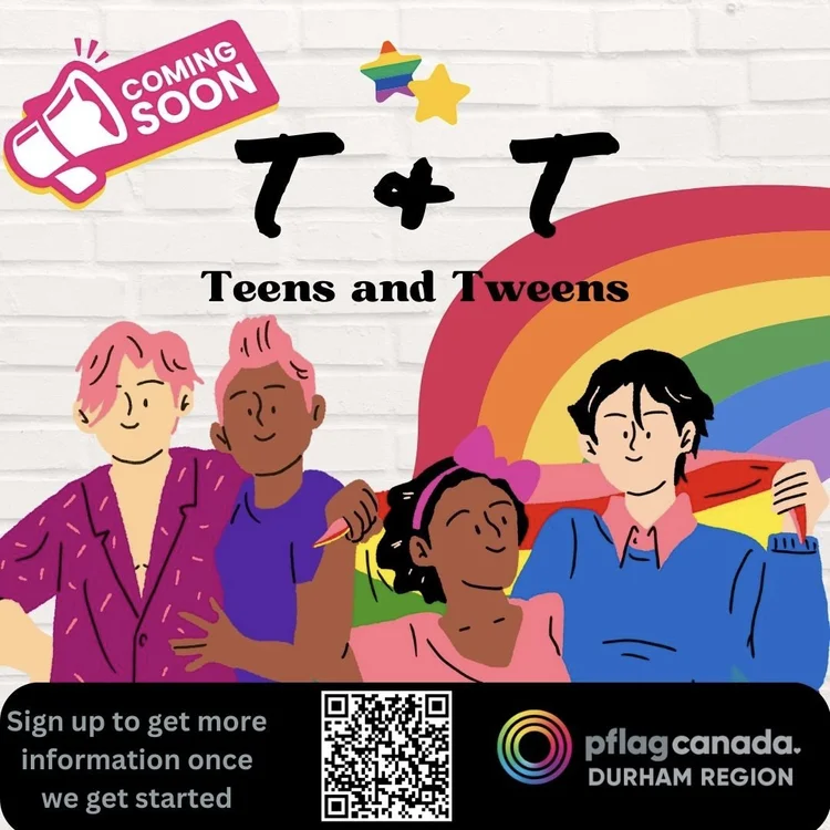 Teens & Tweens group information poster. Four young people in front of a wall with rainbow art, holding a Pride flag. Text - Sign up to get more information once we get started.
