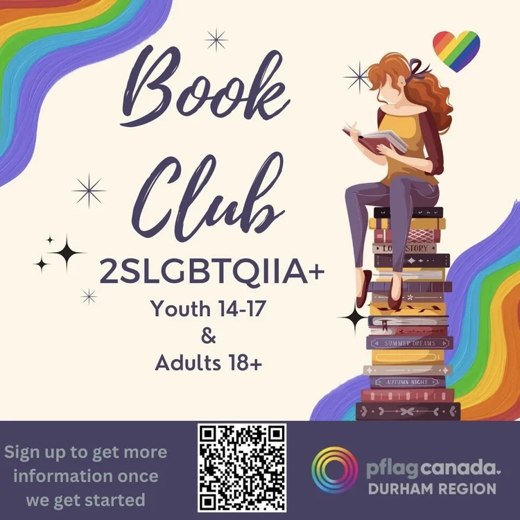 Book club information poster. Cartoon person sitting on a tall pile of books with rainbow background. Text - Sign up to get more information once we get started.