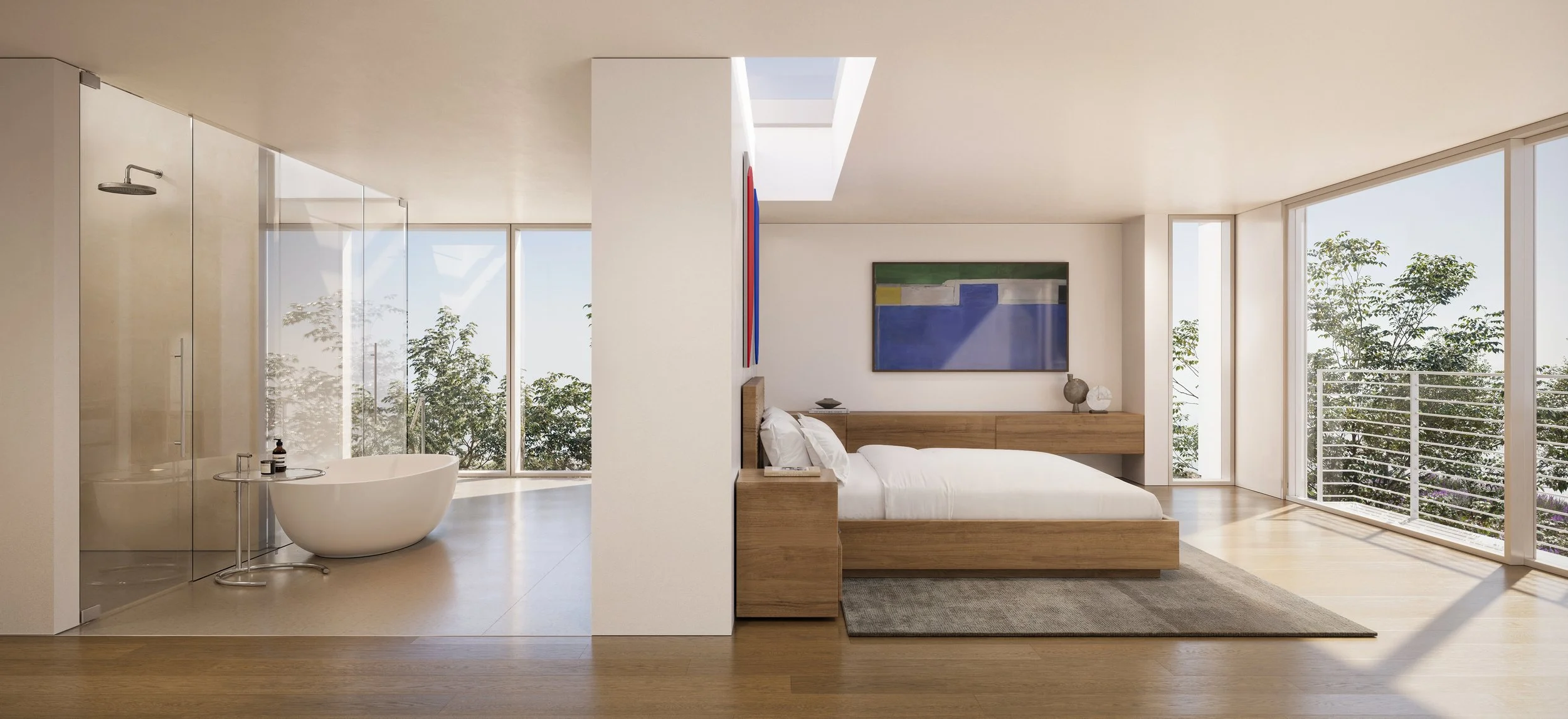 Located on the upper floor, this minimalist master suite features expansive floor-to-ceiling windows and a private balcony overlooking the trees, integrated with a modern open-plan bathroom.