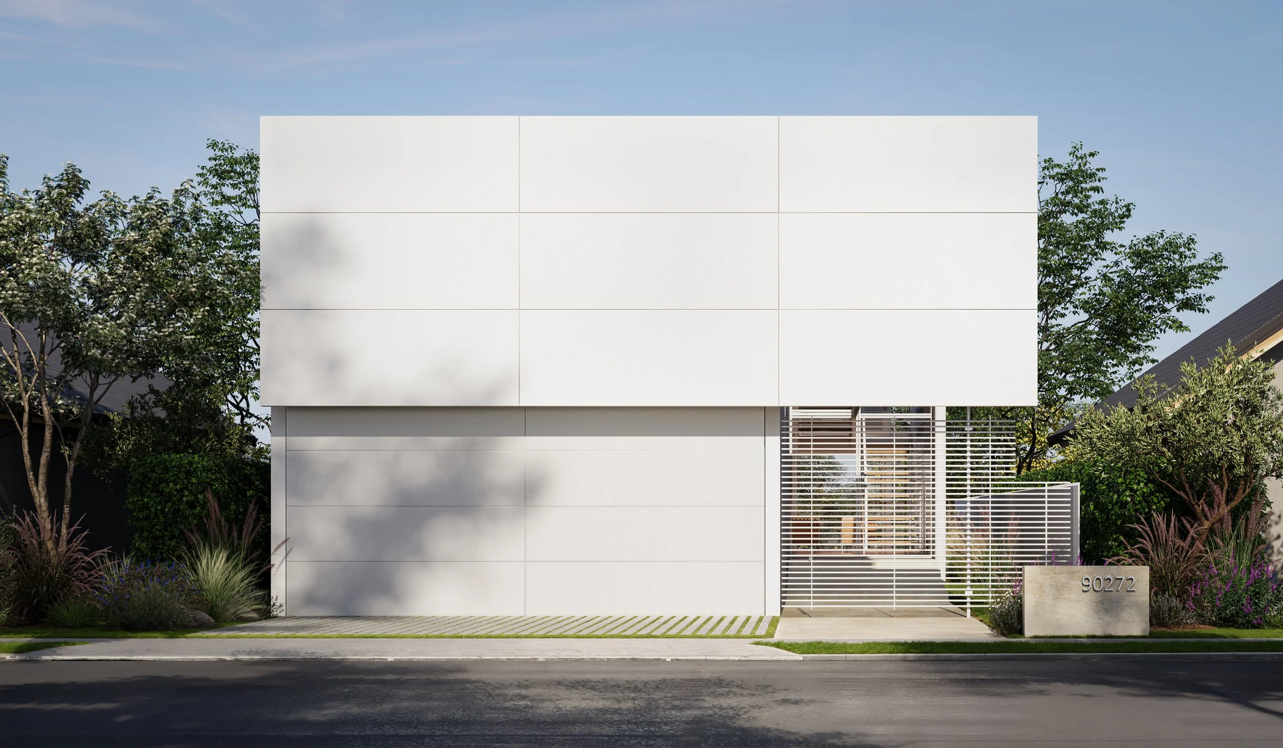 This variation of the two-story modern home features a white paneled facade with a horizontal slatted privacy screen protecting the glass entrance and staircase.