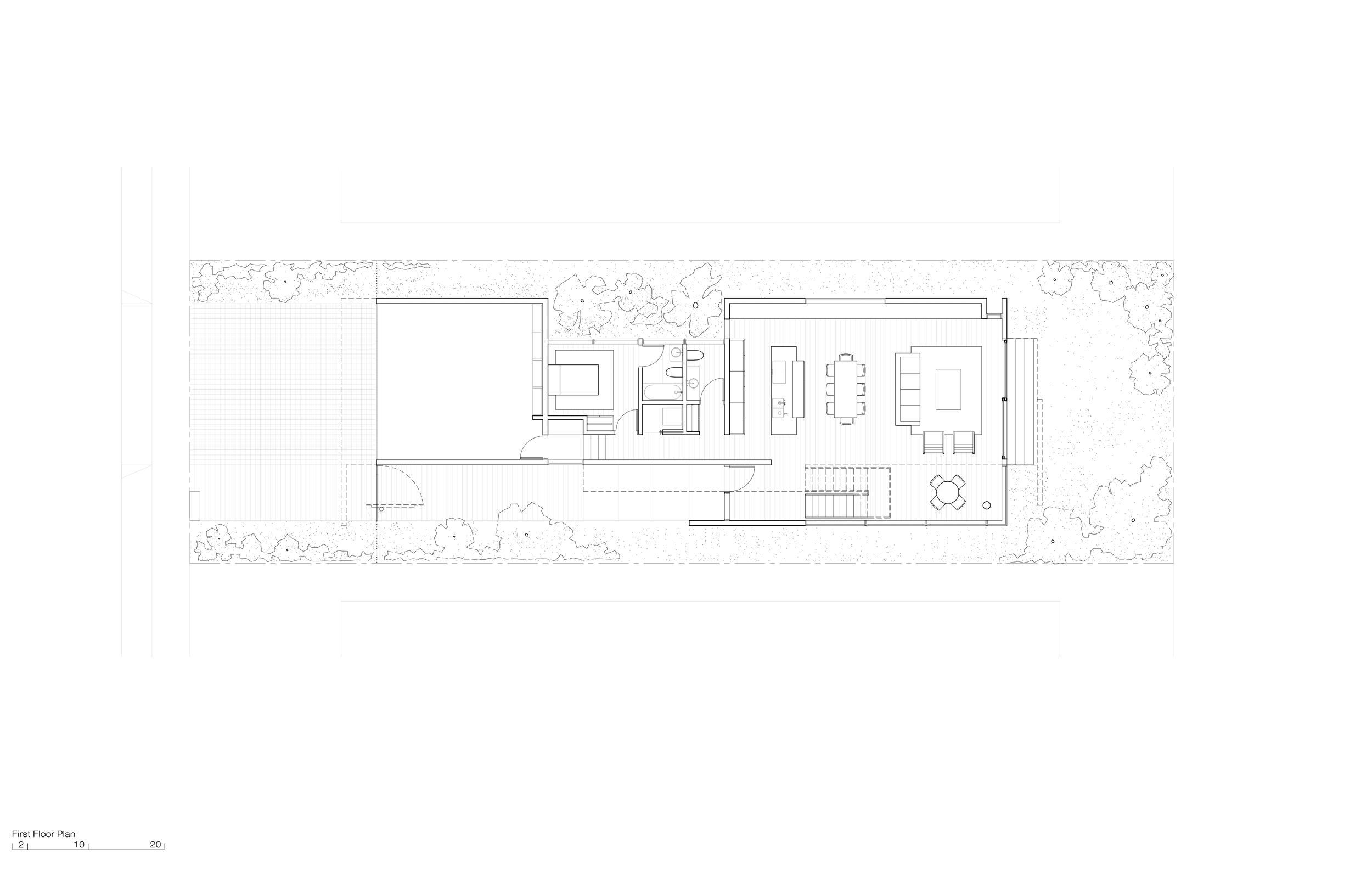 A detailed architectural line drawing shows the first-floor plan of the two-story residence, featuring a garage, a central bedroom suite, and a large open-concept kitchen, dining, and living area opening to the rear yard.