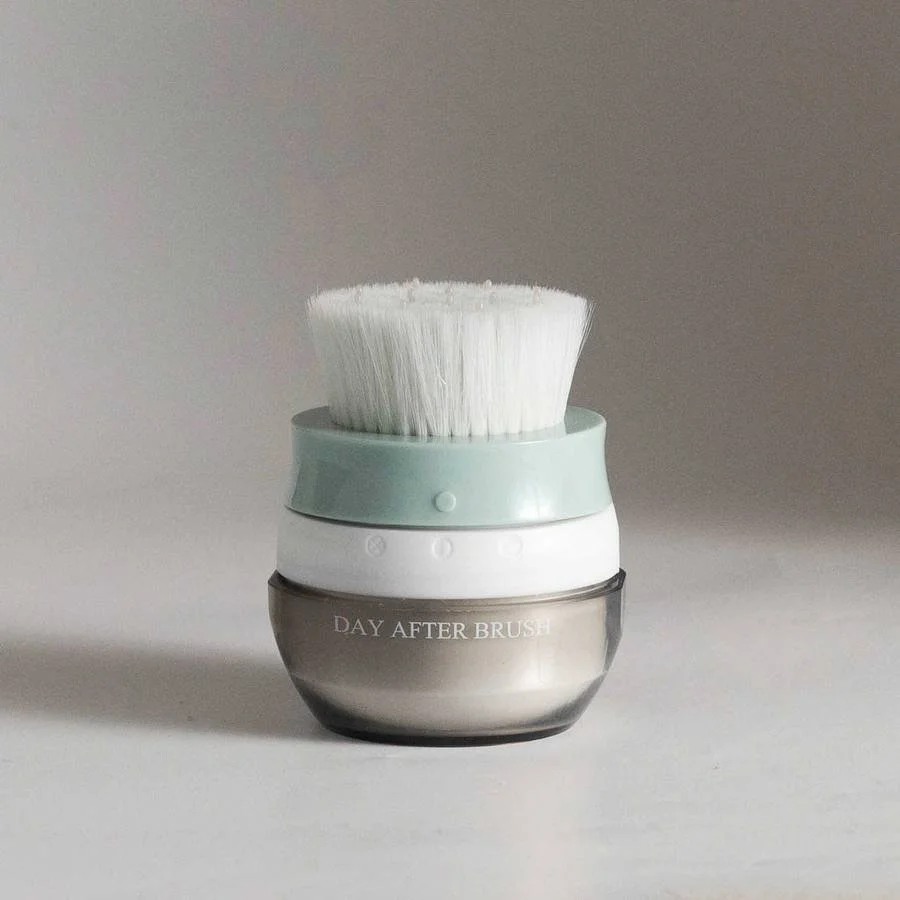 The Day After™ Brush: a compact dry shampoo brush with soft white bristles and a sage green collar