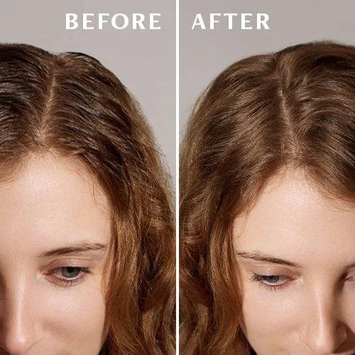 Split before and after on wavy auburn hair: flat oily roots on the left, lifted clean roots on the right