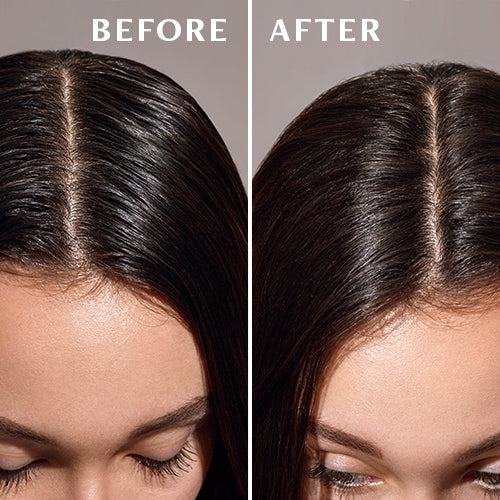 Split before and after on dark straight hair: oily part on the left, clean matte part on the right with no white cast