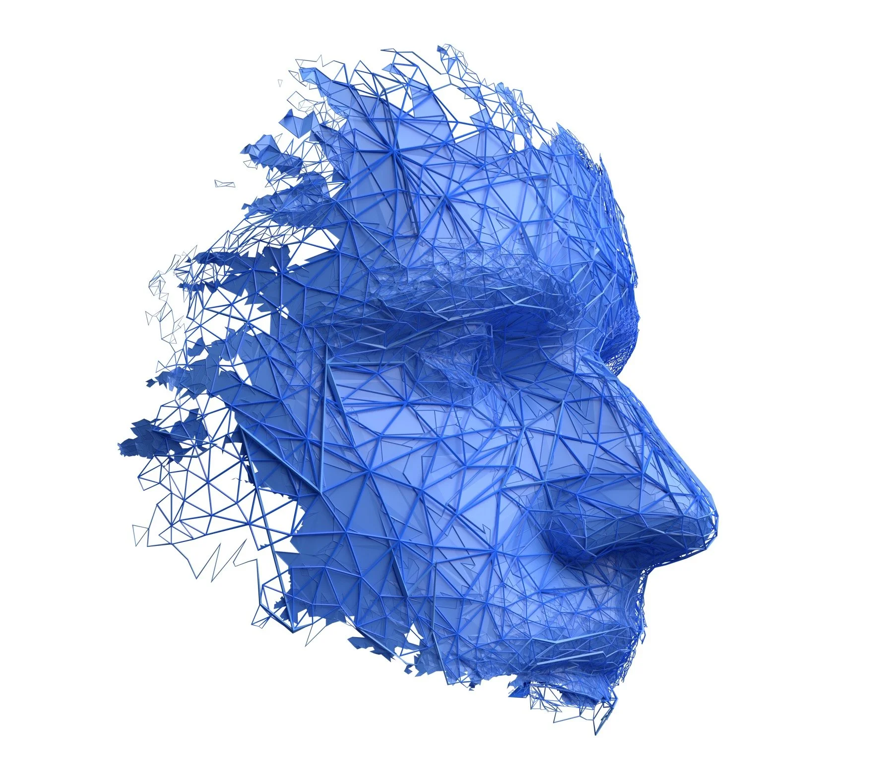 Blue geometric illustration of a human face breaking into digital fragments