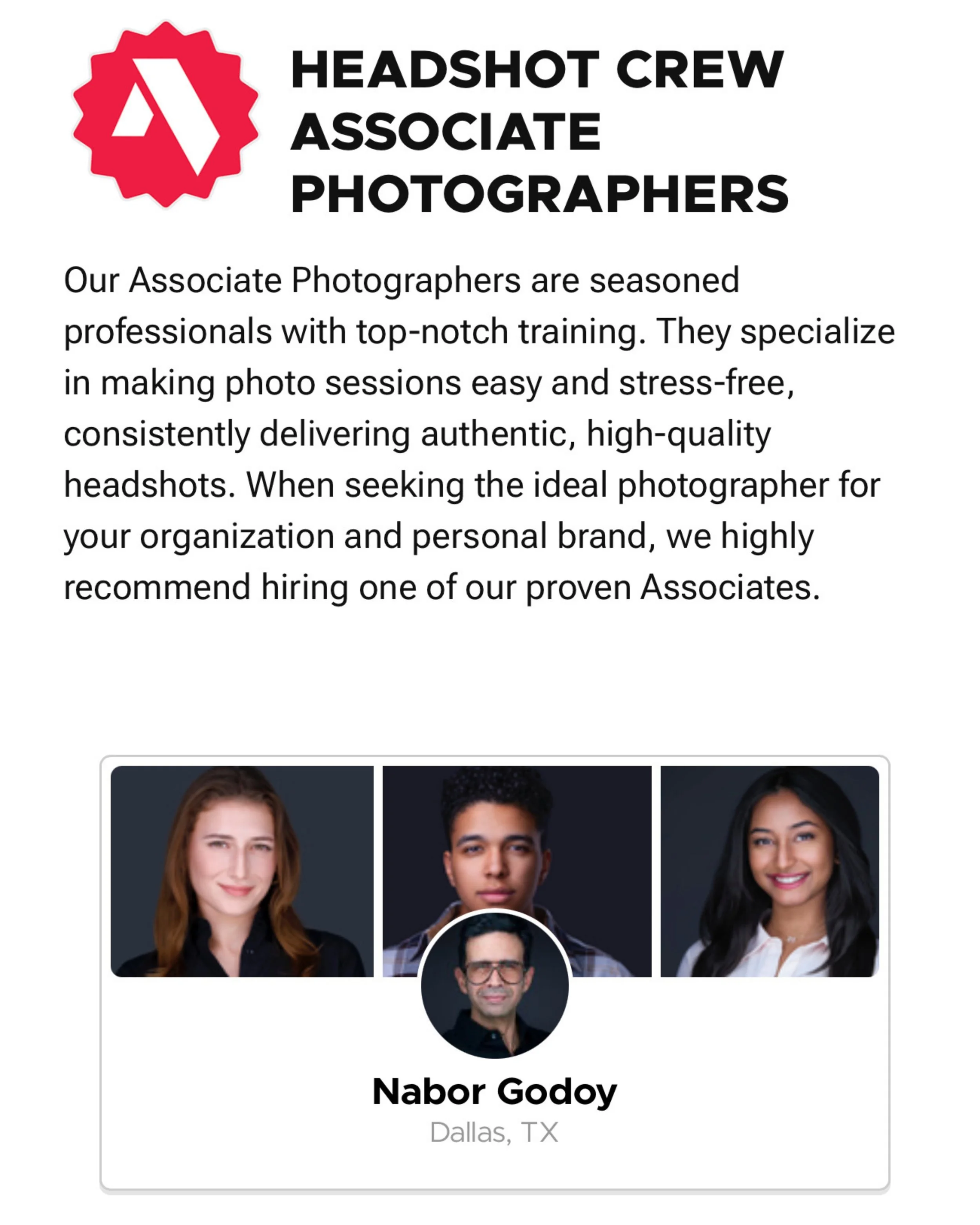 Headshot Crew Associate Photographers graphic featuring Nabor Godoy’s Dallas profile.