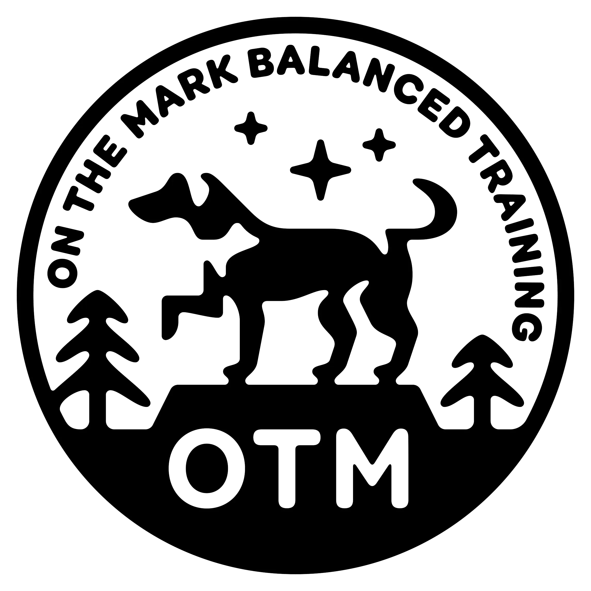 On the Mark Balanced Training logo. Silhoutte of a dog standing confidently among Pacific Northwest trees, with OTM wordmark.