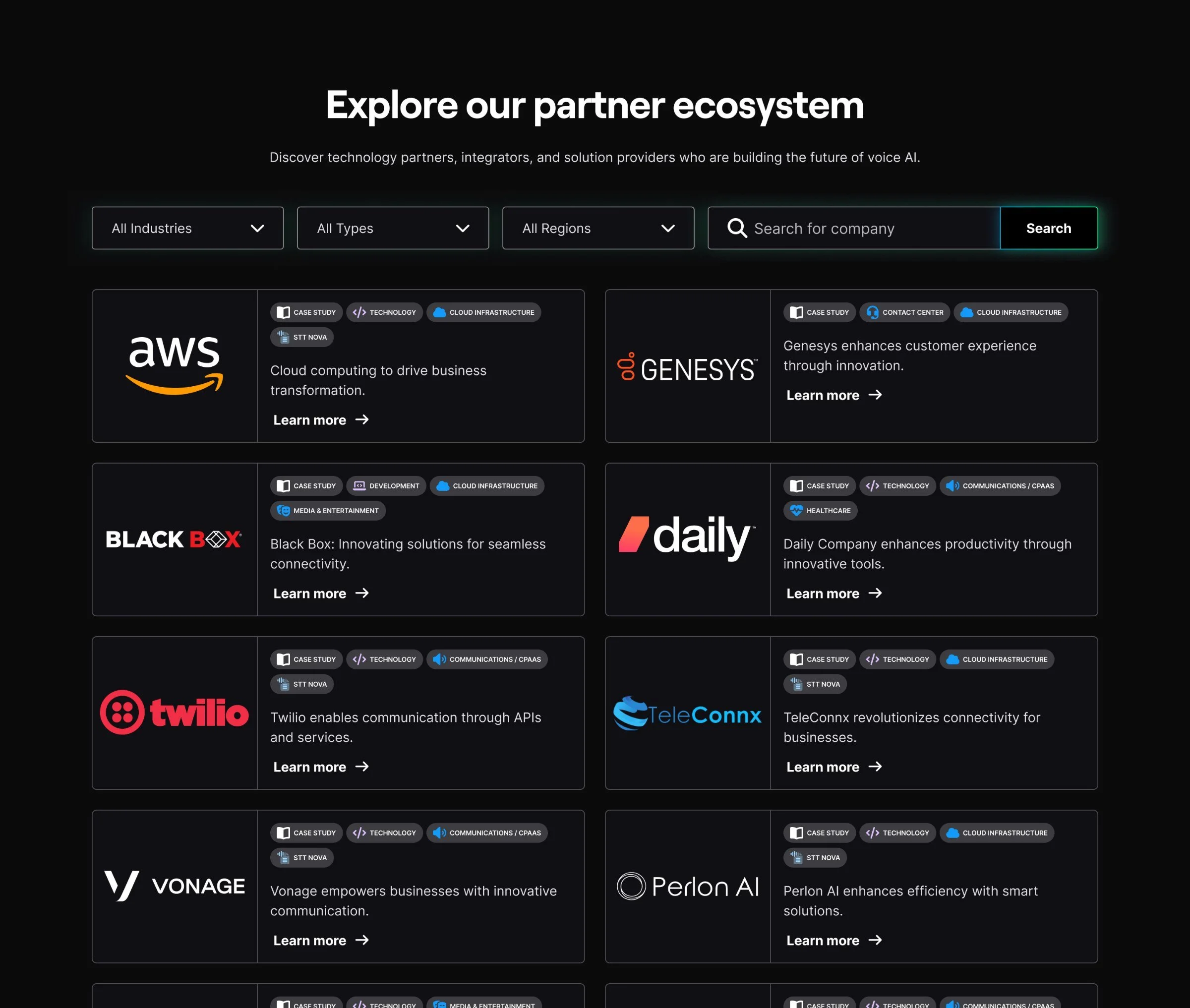 Explore our partner ecosystem: partner directory with industry, type and region filters, search and partner cards