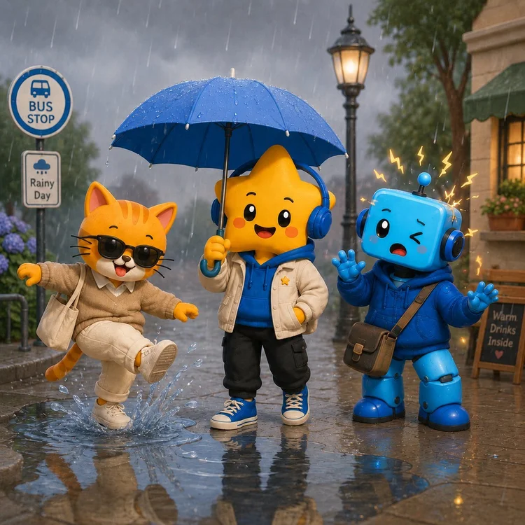 Luna and friends under an umbrella in the rain