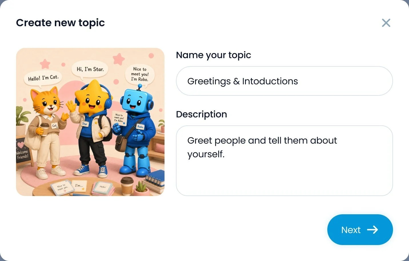 Create new topic, step 1 filled: Greetings & Introductions with its illustration
