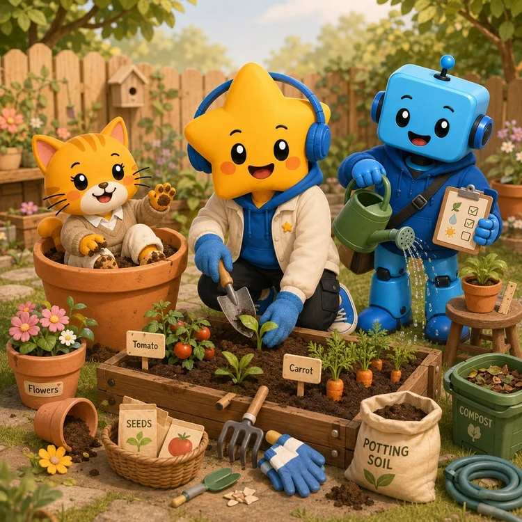Luna and friends planting a vegetable garden