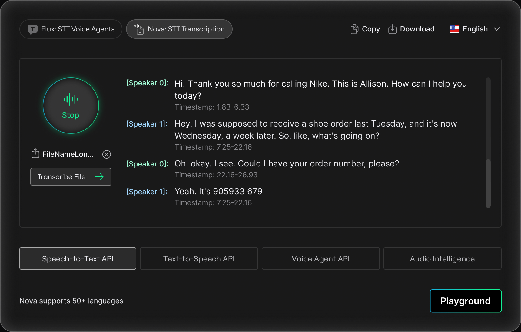 Slidebox, Speech-to-Text: Nova transcribing a two-speaker call with timestamps