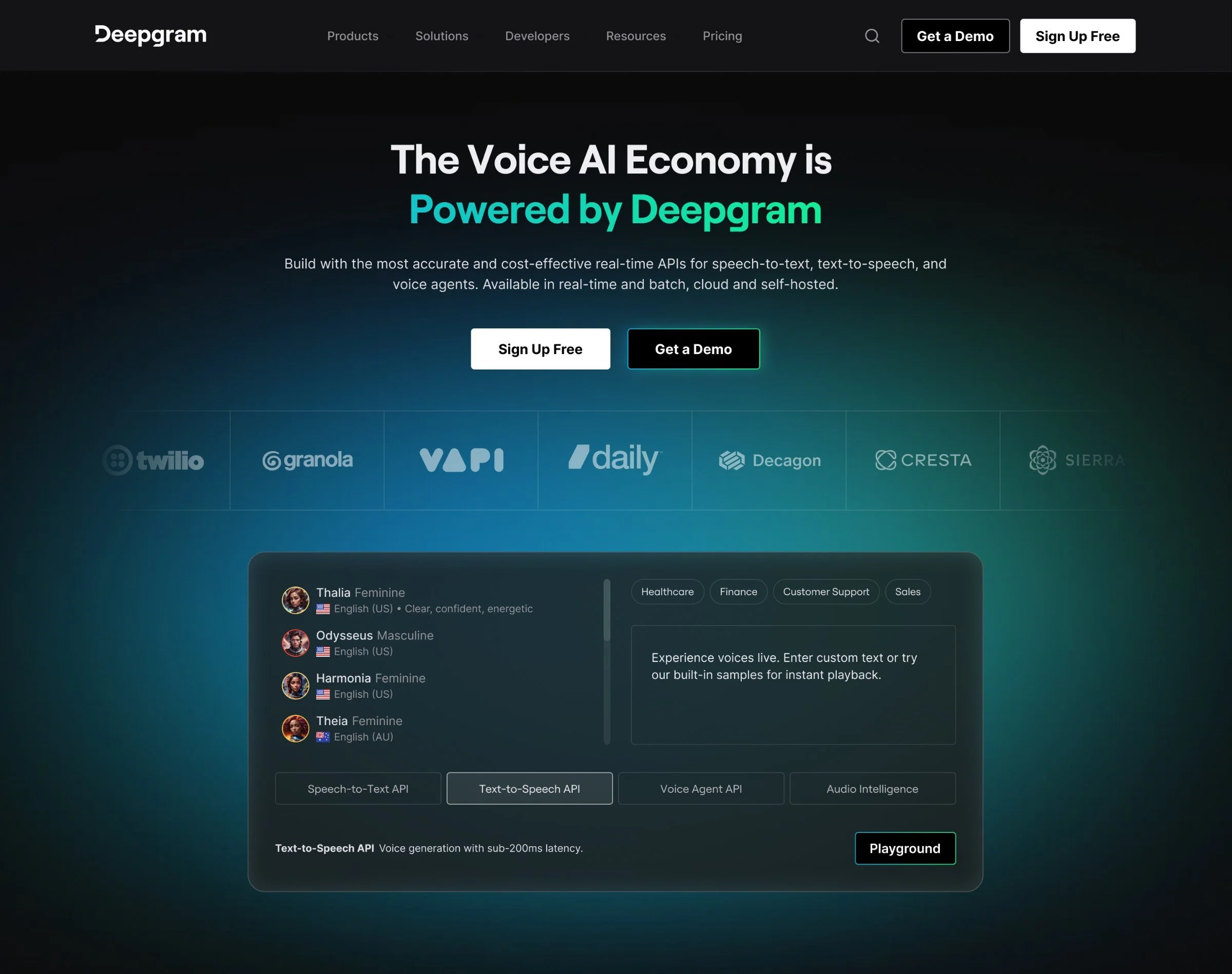 Deepgram homepage hero: The Voice AI Economy is Powered by Deepgram, the customer trust bar and the API demo box