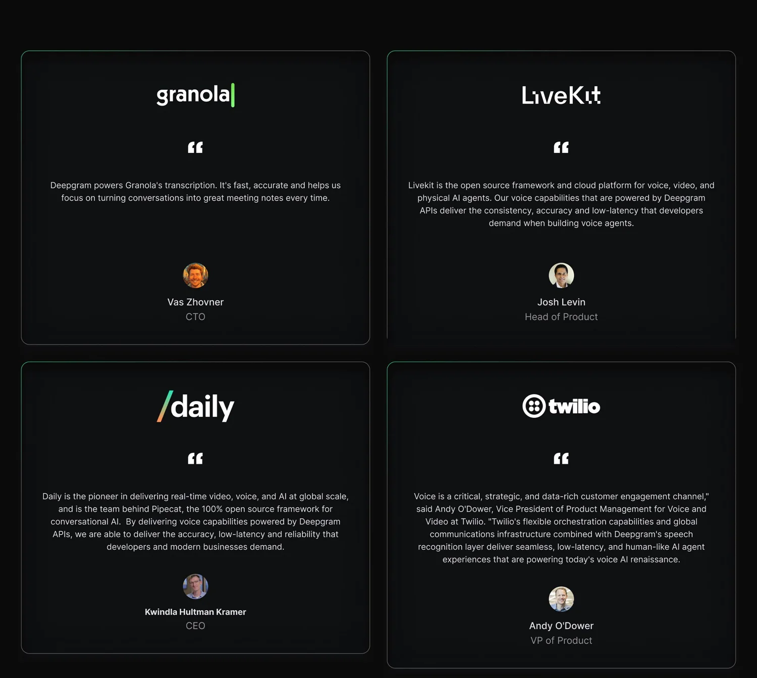 Partner quote deck: Granola, LiveKit, Daily and Twilio quotes with names and roles