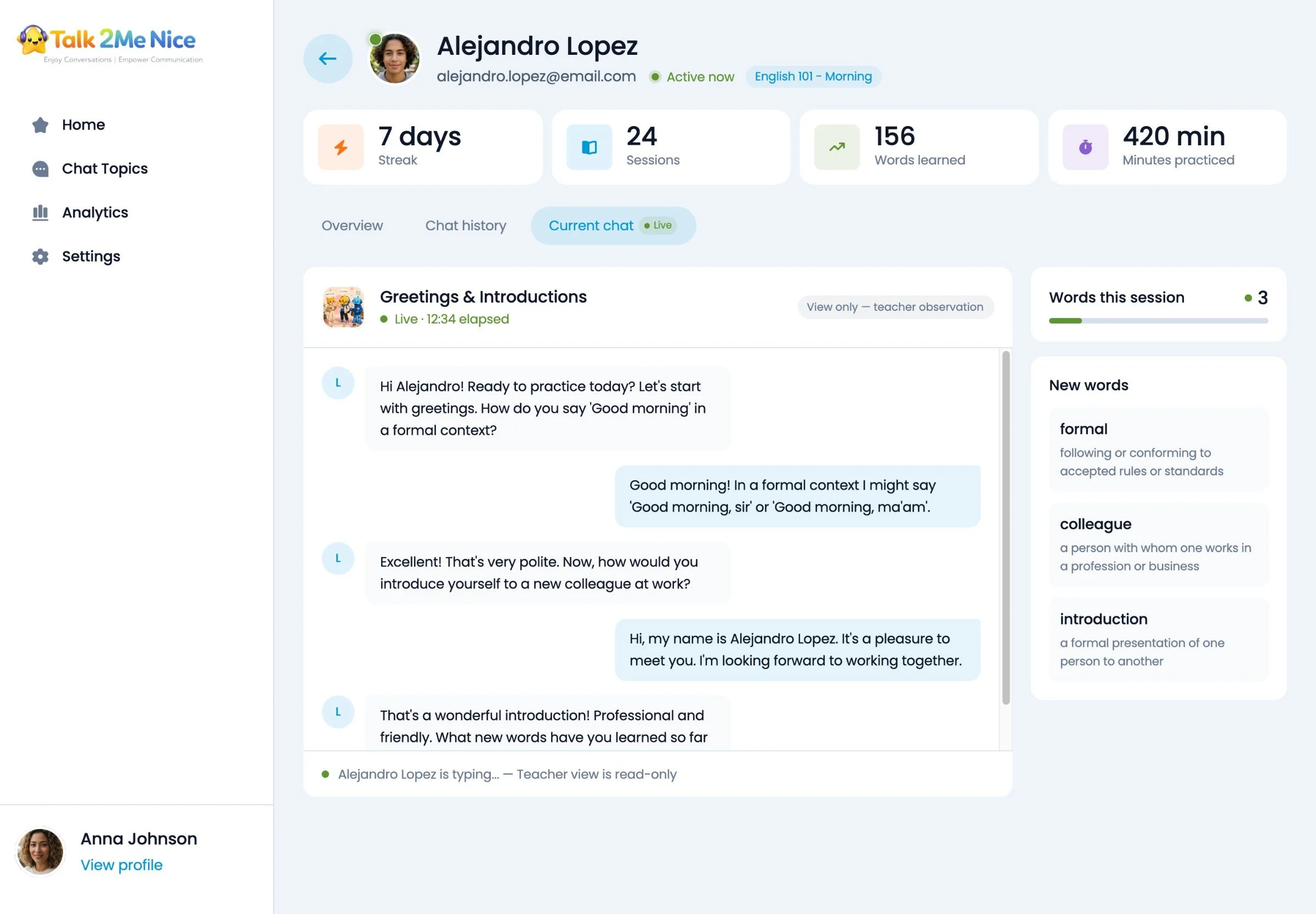 Teacher view of a student: streak, sessions and words learned, with the student's Greetings & Introductions chat running live and the new words from this session