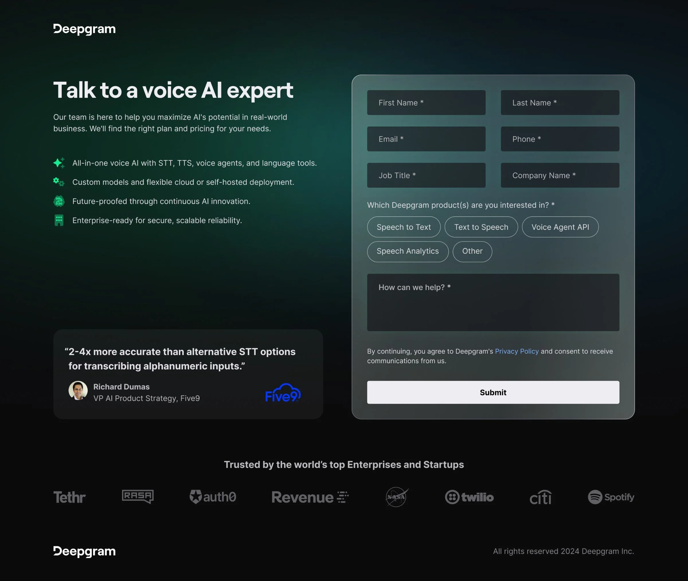 Contact sales: Talk to a voice AI expert, with benefits, a customer quote, the product chips and the form