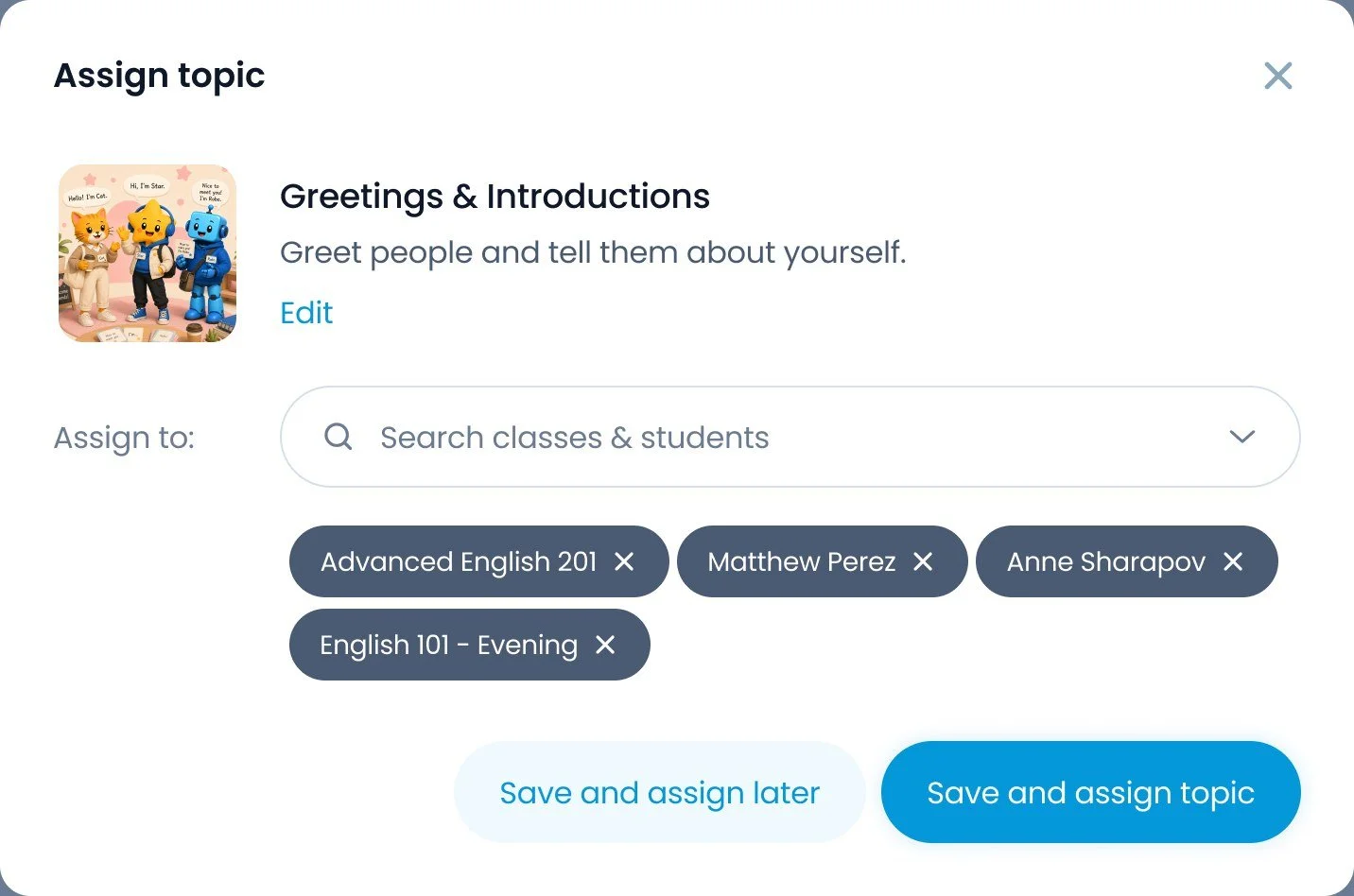 Assign topic, step 2 filled: four classes and students selected